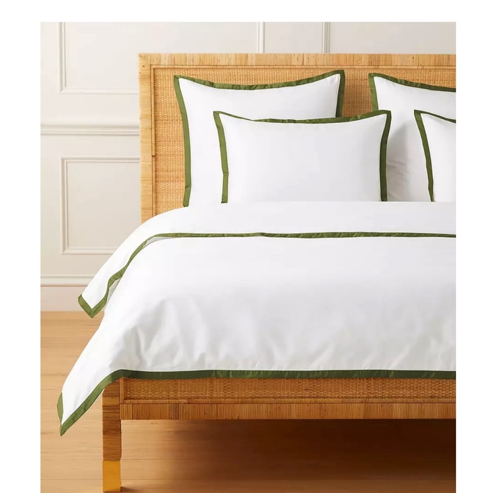 Serena & Lily Border Frame Sateen Green and white linen twin duvet cover